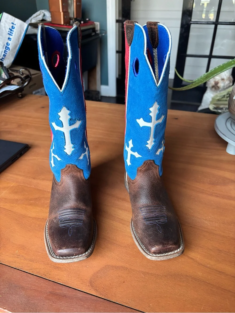 Ariat Ranchero Kids Patriotic Cowboy Boots Red Blue Suede Cross Youth Size 13